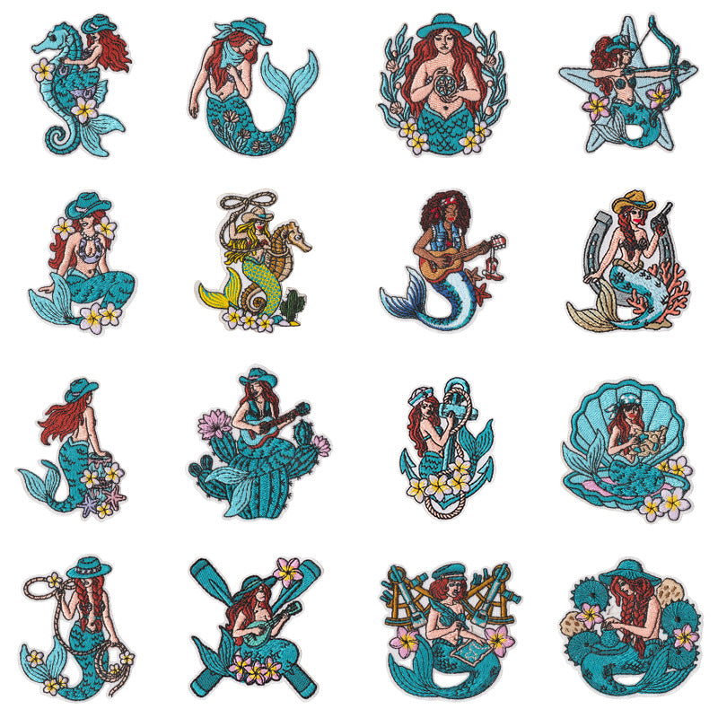 Wholesale West Coast Retro Mermaid Adhesive Embroidered Patches Guitar Cactus Nautical Design For Coat Repair Chic Craft Supply Boutique Resale