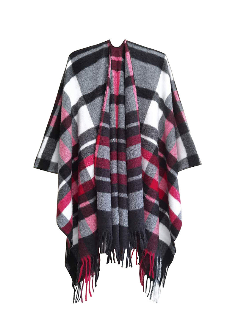 Wholesale Autumn and Winter Slit Cape Thickened Plaid Thorn Fringed Shawl