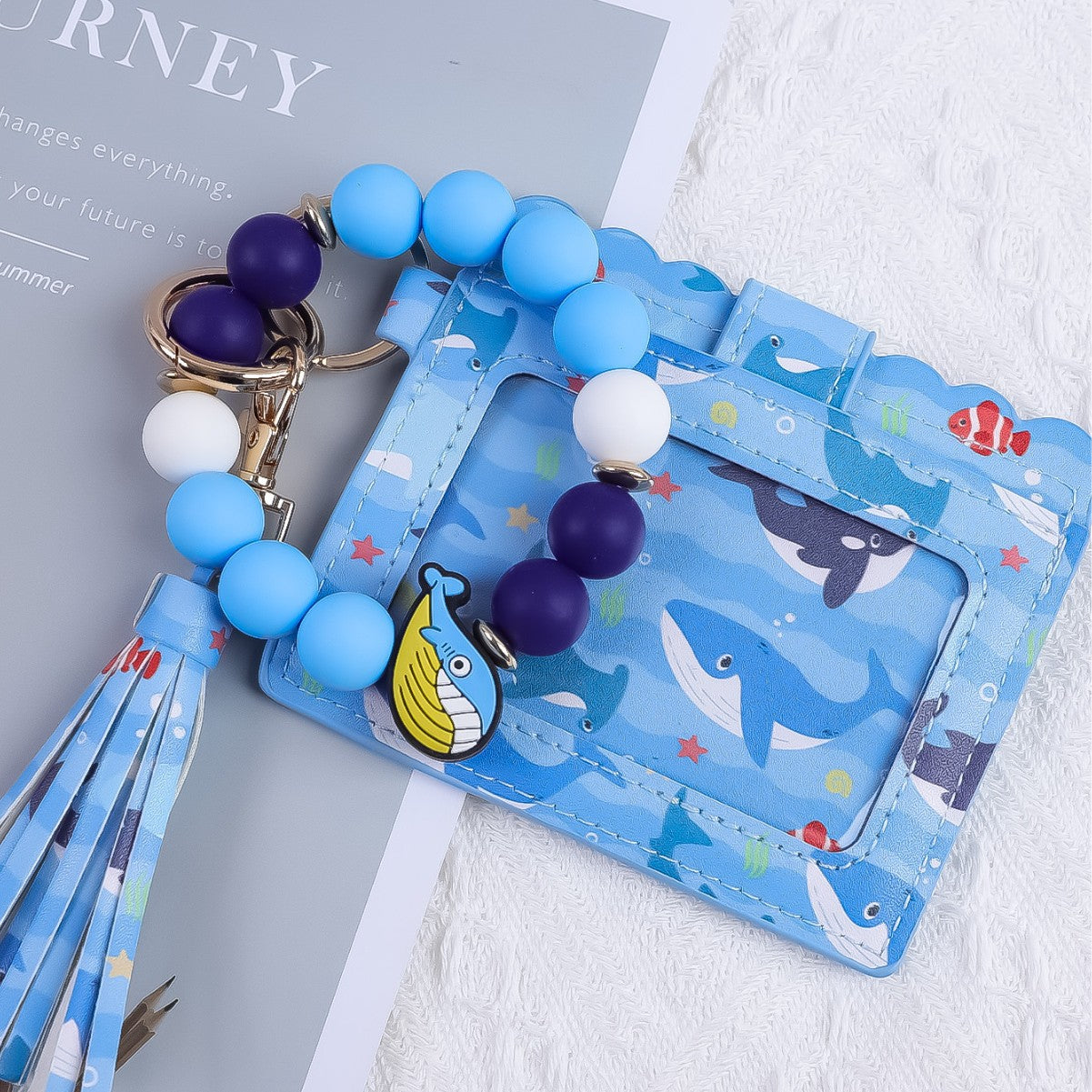 Wholesale Silicone Bead Bracelet Card Holder Keychain PU Tassel Beaded Animal Print