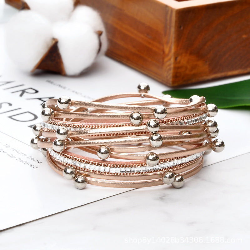 Wholesale Geometric Asymmetrical Inlaid Pearl Multi-Layered Leather Adjustable Bracelet