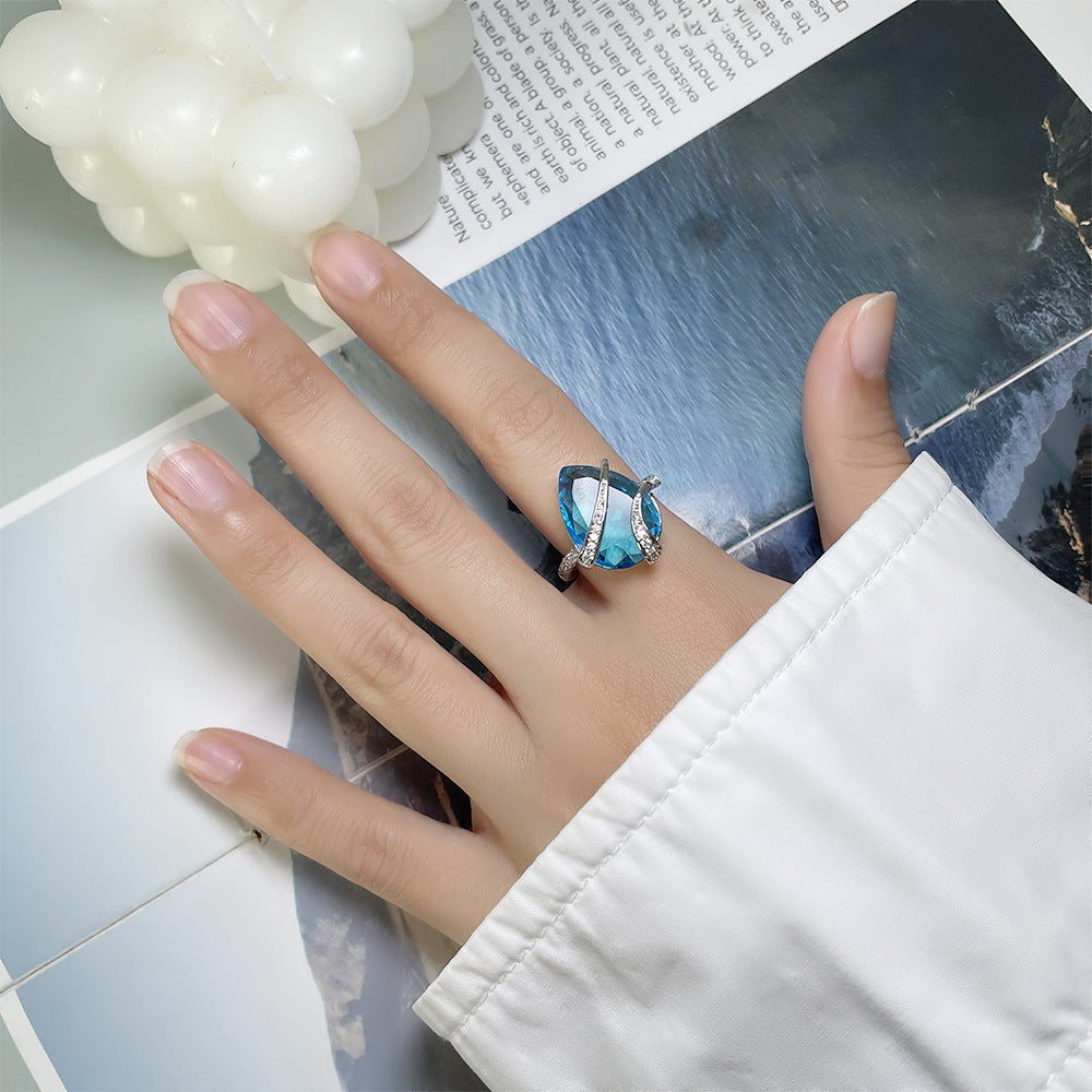 Wholesale Sea Blue Water Drop Zircon Copper Rings