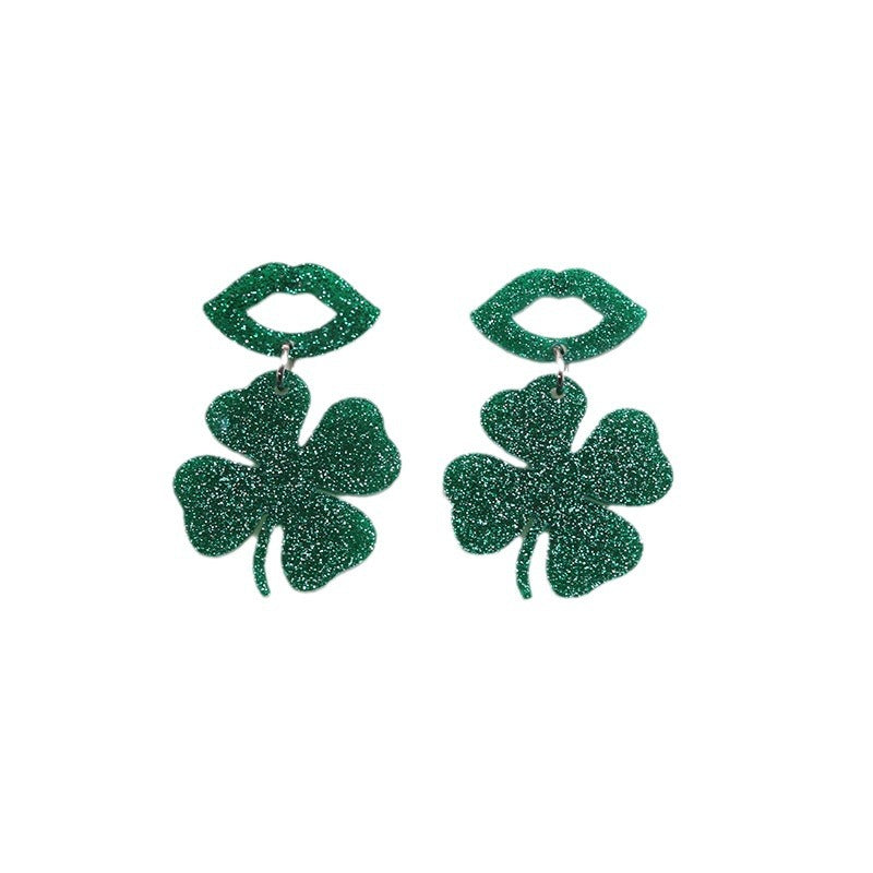 Wholesale Acrylic Saint Patrick Lip Clover Patchwork Earrings