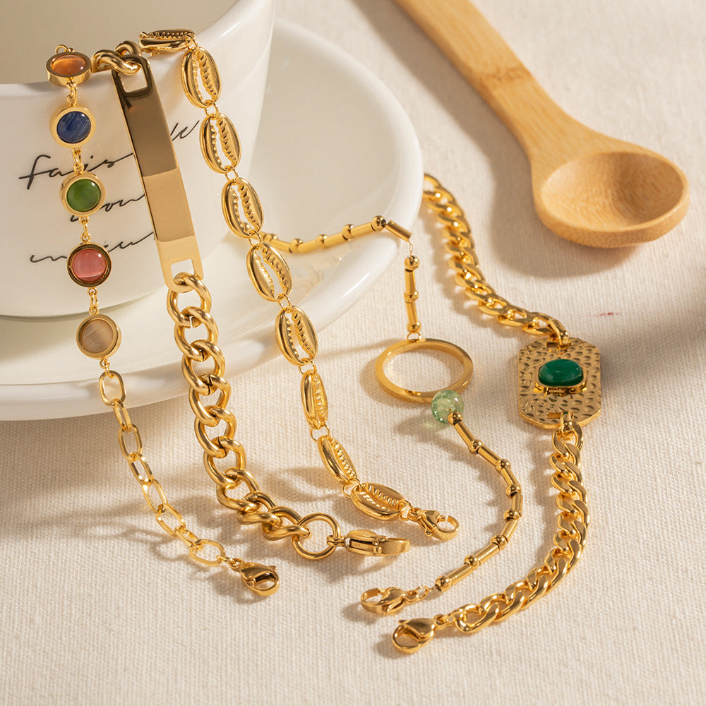 Wholesale Ring Green Stone Malay Jade Texture Square Plate Fantasy Cat's Eye Hollow Shell Stainless Steel Bracelet