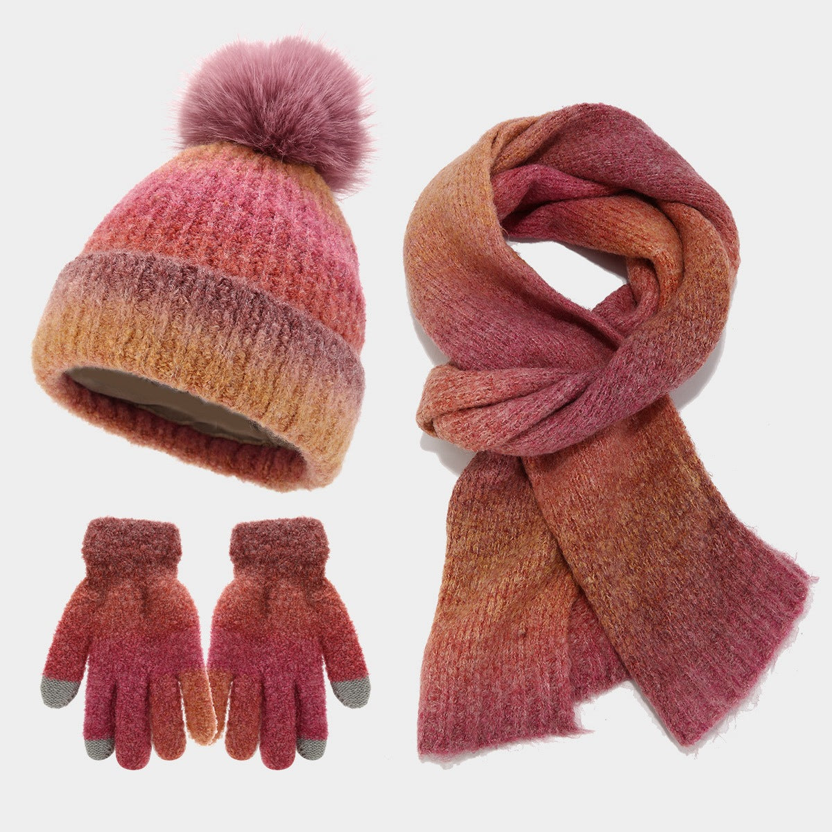 Wholesale Tie-dyed Wool Hat Scarf Gloves Three-piece Set Fashion Wool Ball Knitted Hat Set