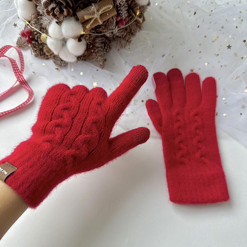 Wholesale Christmas Red Wool Knitted Warm Touch Screen Split Finger Gloves