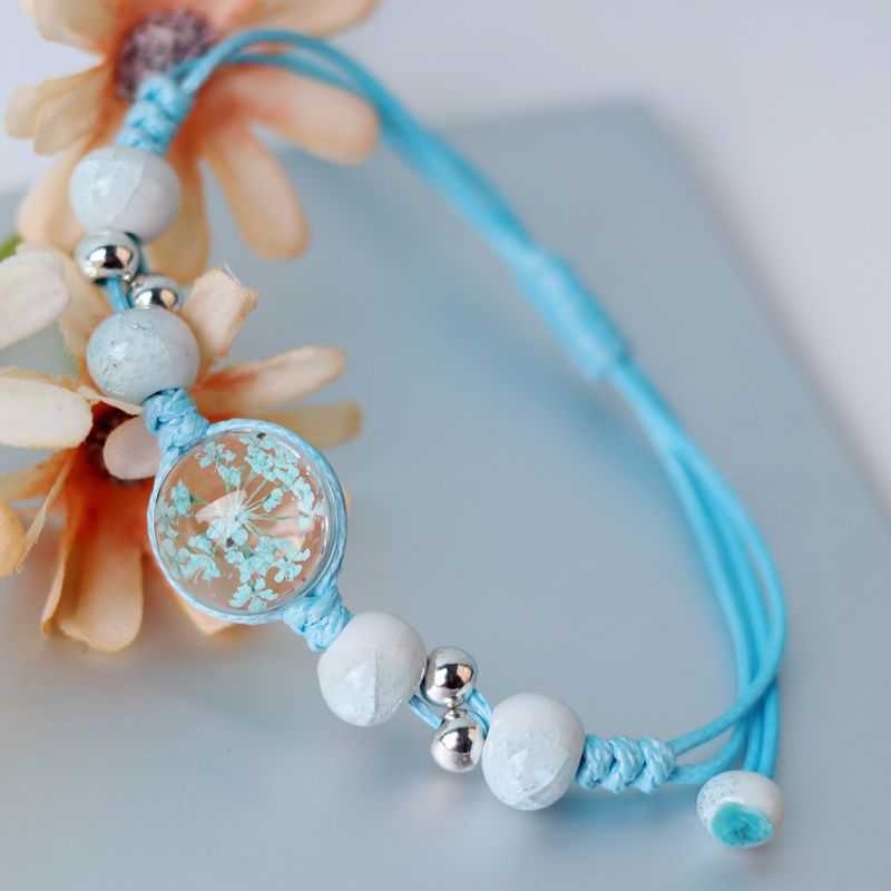 Flores secas para aliento al por mayor tira pulsera de bola de vidrio ajustable