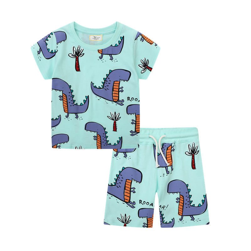 Wholesale Chic Boys Cartoon Dinosaur Short Sleeve T Shirt And Knit Pants Two Piece Summer Casual Outfit