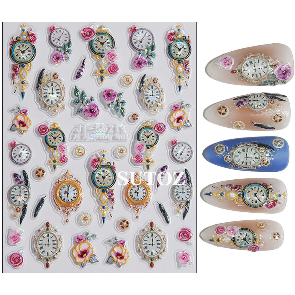 Wholesale 3pcs/pack 5D Nail Art Stickers Baroque Retro Embossed 3D Mirror Clock Nail Decals