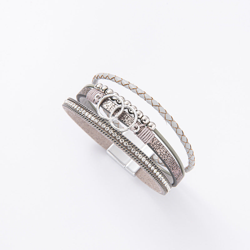 Wholesale Handmade Magnetic Clasp Diamond Encrusted Leather Bracelet