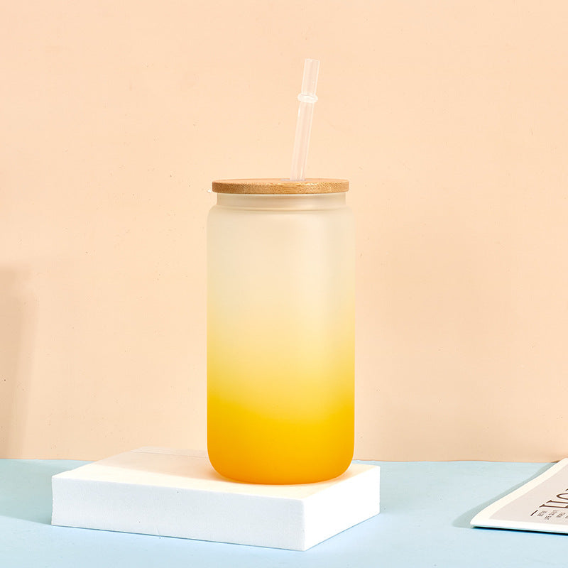 Wholesale Sublimation 16oz Thermal Transfer Frosted Gradient Bamboo Lid Glass