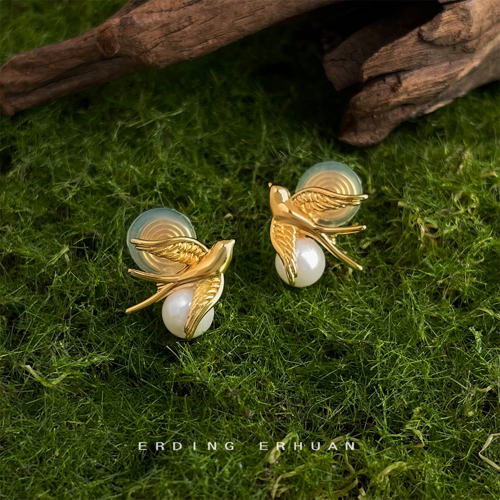 Wholesale Golden Pearl Bird Silver Needle Earnail