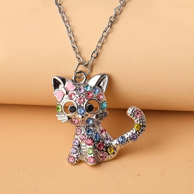 Wholesale Cartoon Color Rhinestone Cat Alloy Earrings Ring Necklace