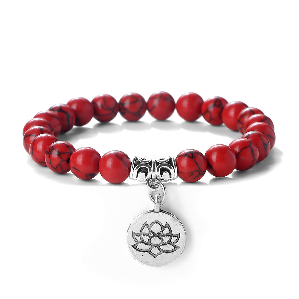 Wholesale 8mm Round Beads Beaded Elastic with Three-Way Alloy Lotus Pendant Buddhist Beads Bracelet