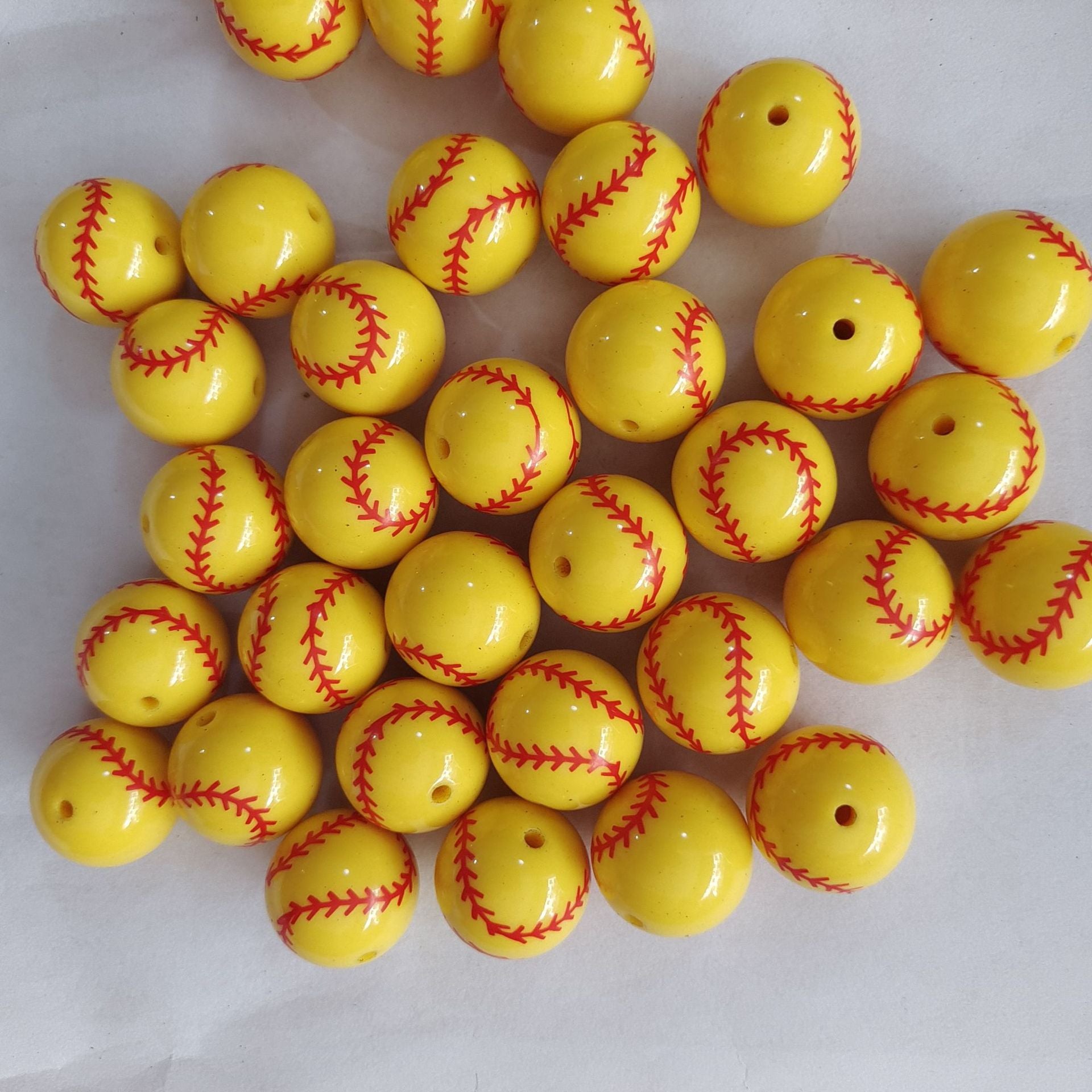 Wholesale 5pcs 20mm Acrylic Yellow Baseball Print Beads