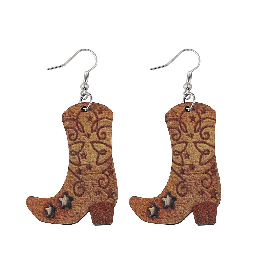 Wholesale Western Cowboy Boots Hat Pendant Double-Sided Printed Wooden Earrings