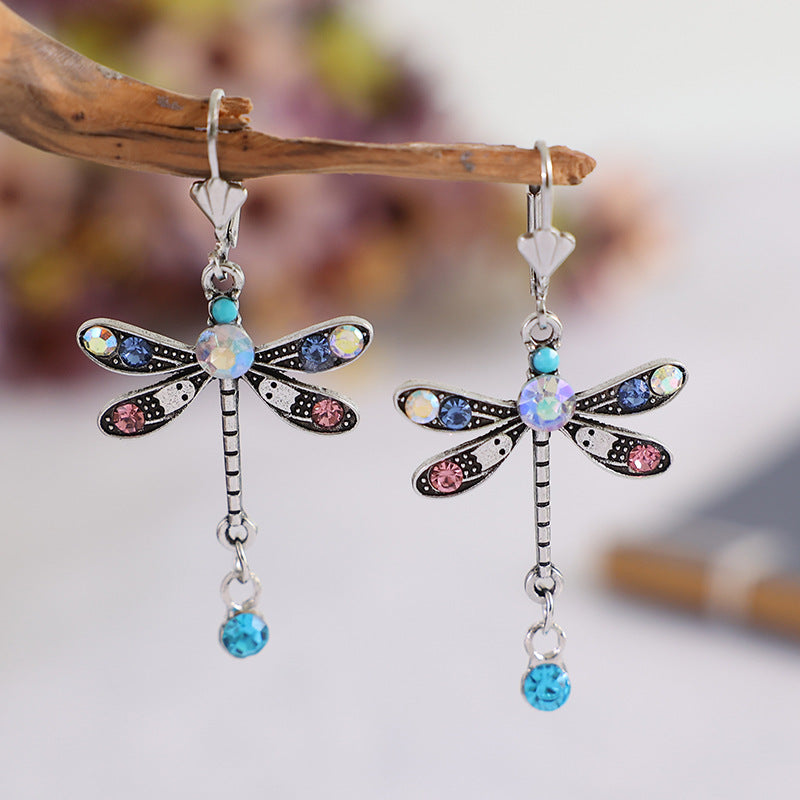 Wholesale Dragonfly long colored diamond earrings