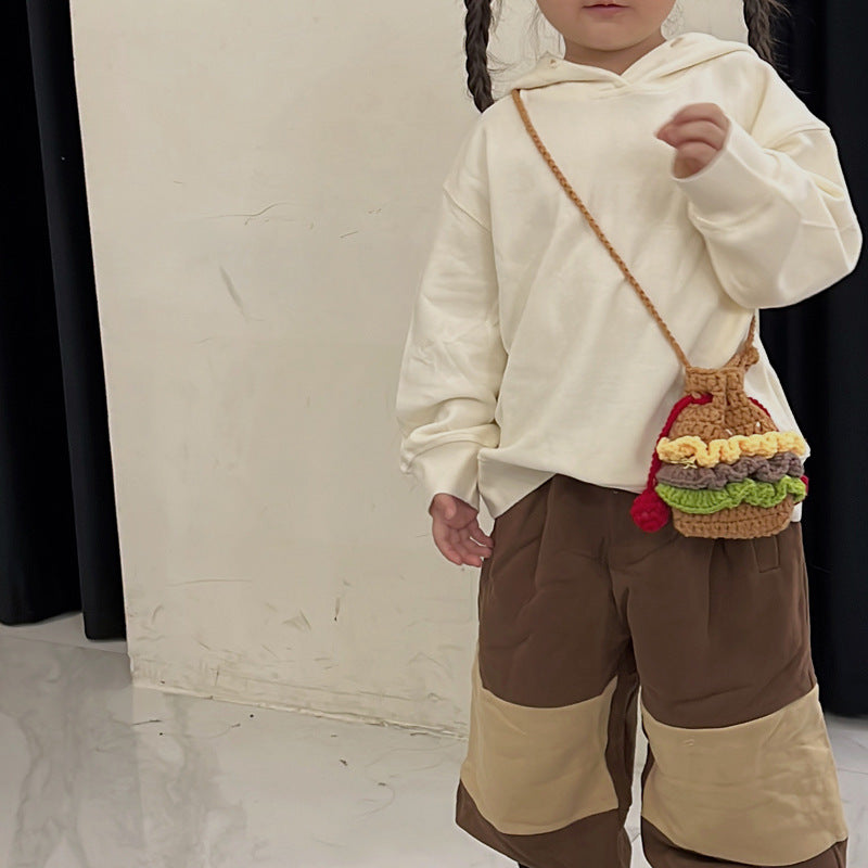 Wholesale Hamburger Woolen Bag Hand-knitted Drawstring Headphone Lipstick Bag Children's Crossbody Bag