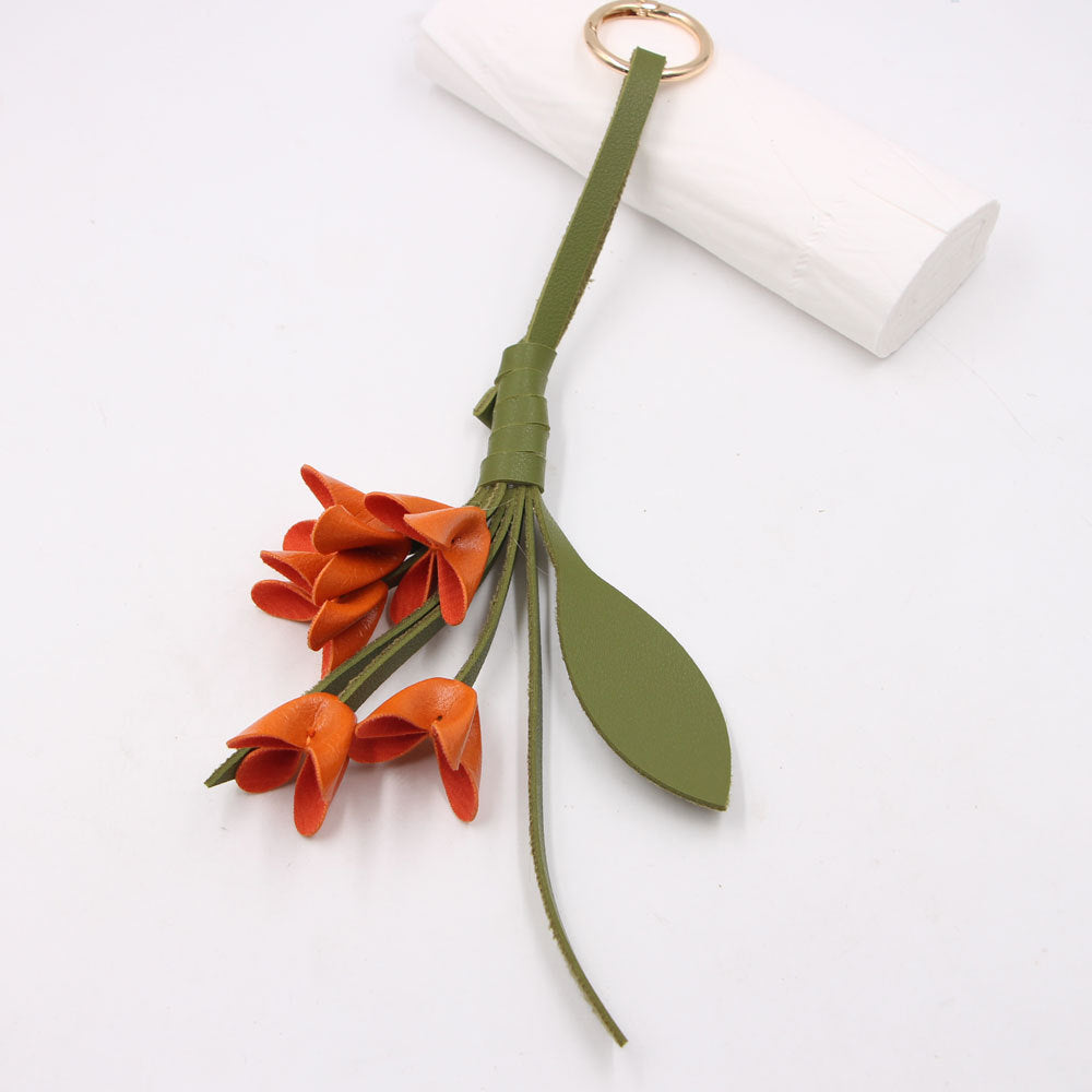 Wholesale Artificial Leather Handmade Golden Osmanthus Flower Pendant Bag Charm Stylish Decorative Car Key Accessory For Boutique Resale
