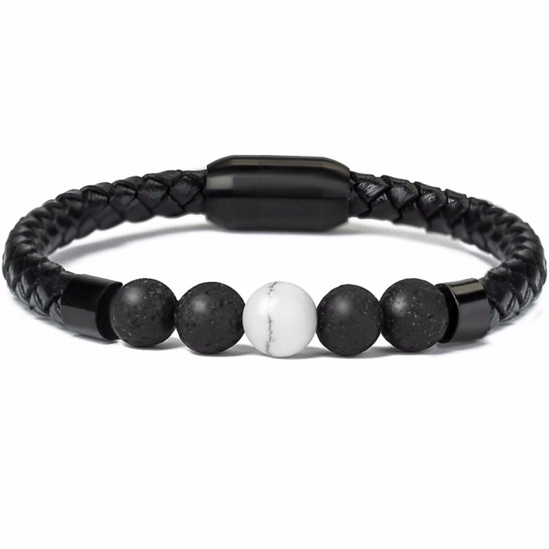 Wholesale 8mm Color Tiger Eye Stone Beaded Stainless Steel Magnetic Buckle Leather Cord Bracelet