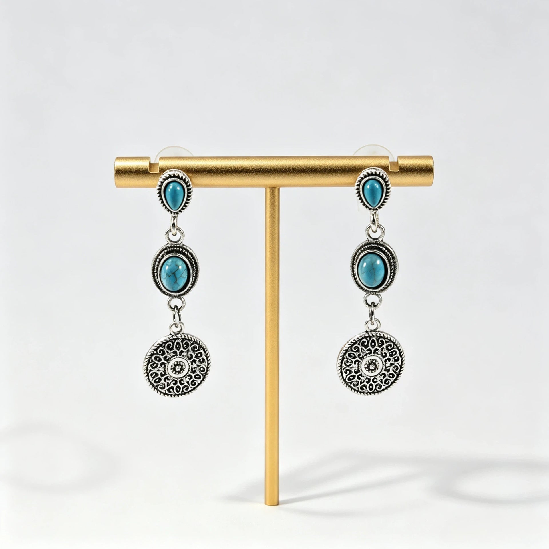 Wholesale Retro Carved Turquoise Round Disc Earrings Western Style Long Drop Earrings For Women Fashion Accessory Gift Boutique