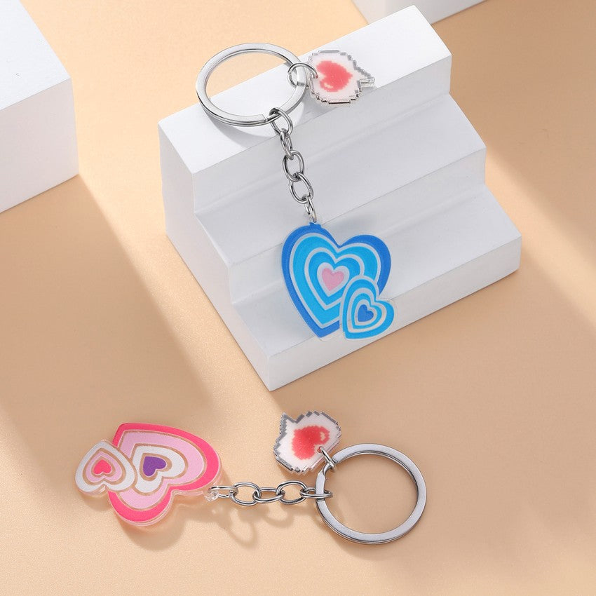 Wholesale Acrylic Pink and Blue Couple Heart-shaped Keychain