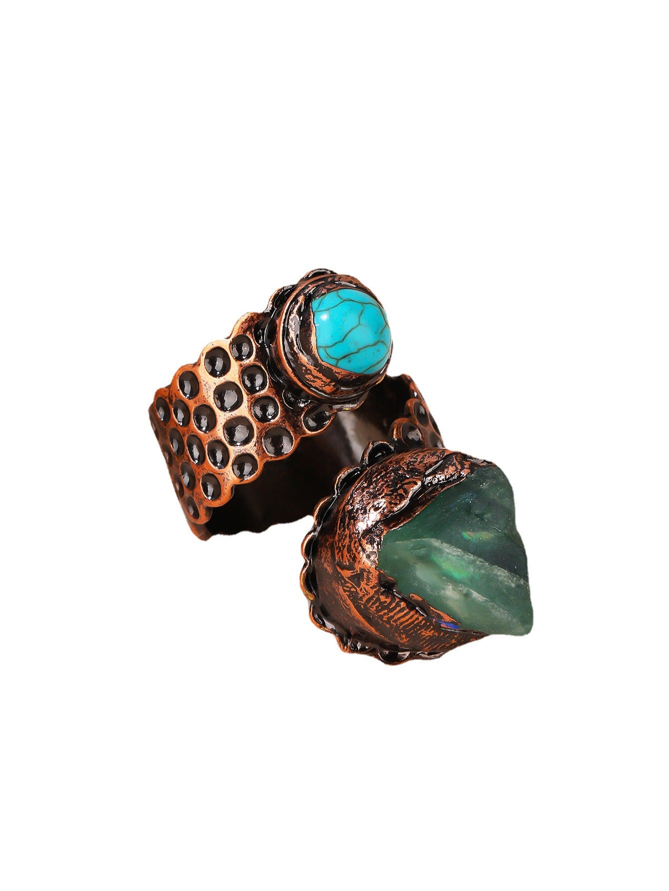 Wholesale Vintage style green fluorite adjustable bronze double head snake ring