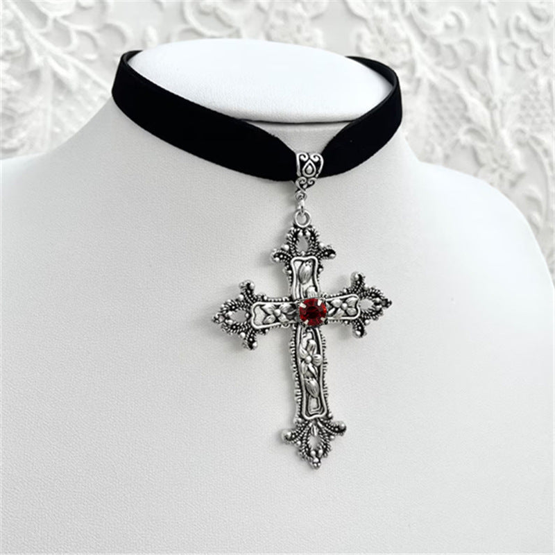 Wholesale Gothic Black Gemstone Cross Velvet Necklace
