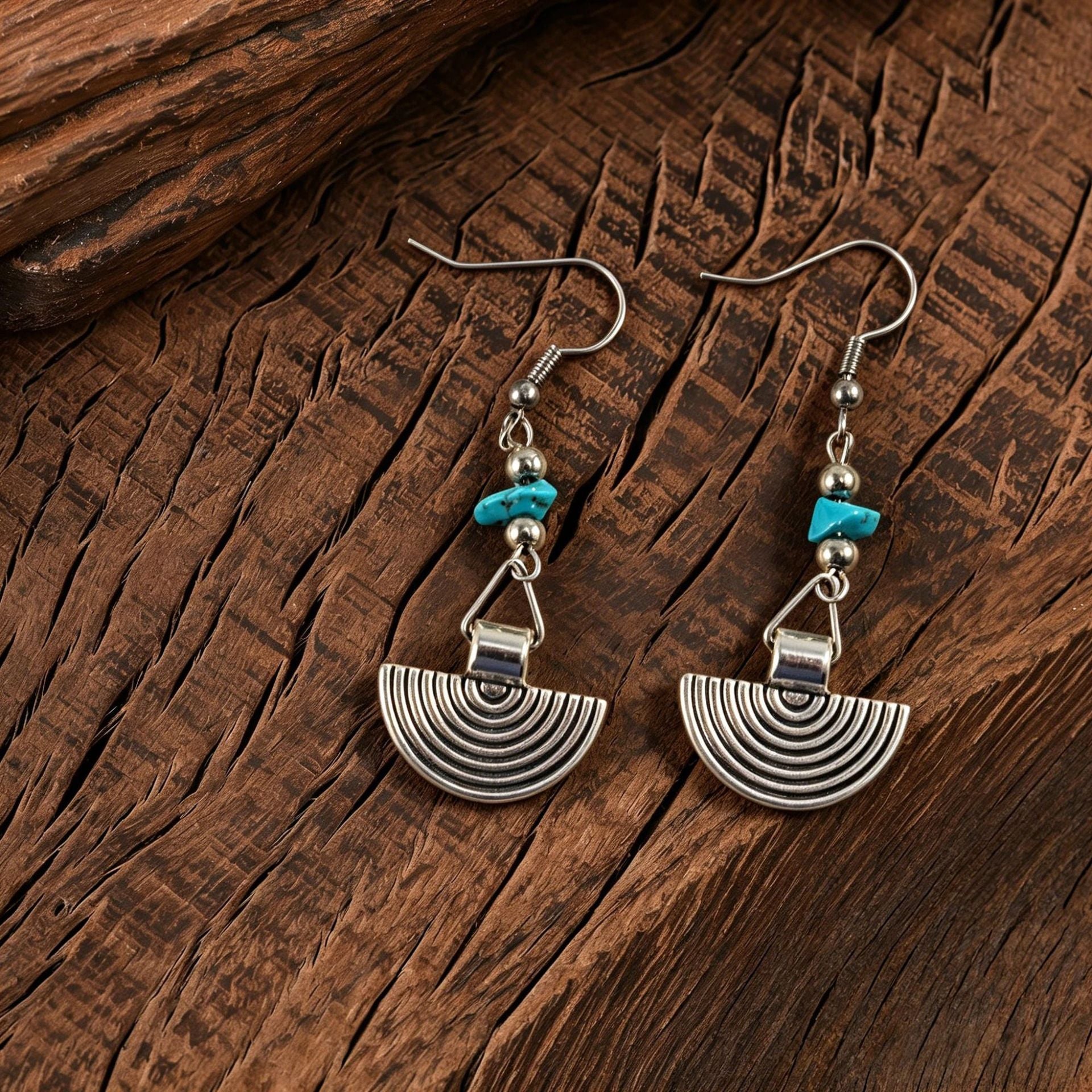 Wholesale Retro Bohemian Moon Drop Earrings For Women Turquoise Inlay Hollow Flower Zinc Alloy Everyday Wear