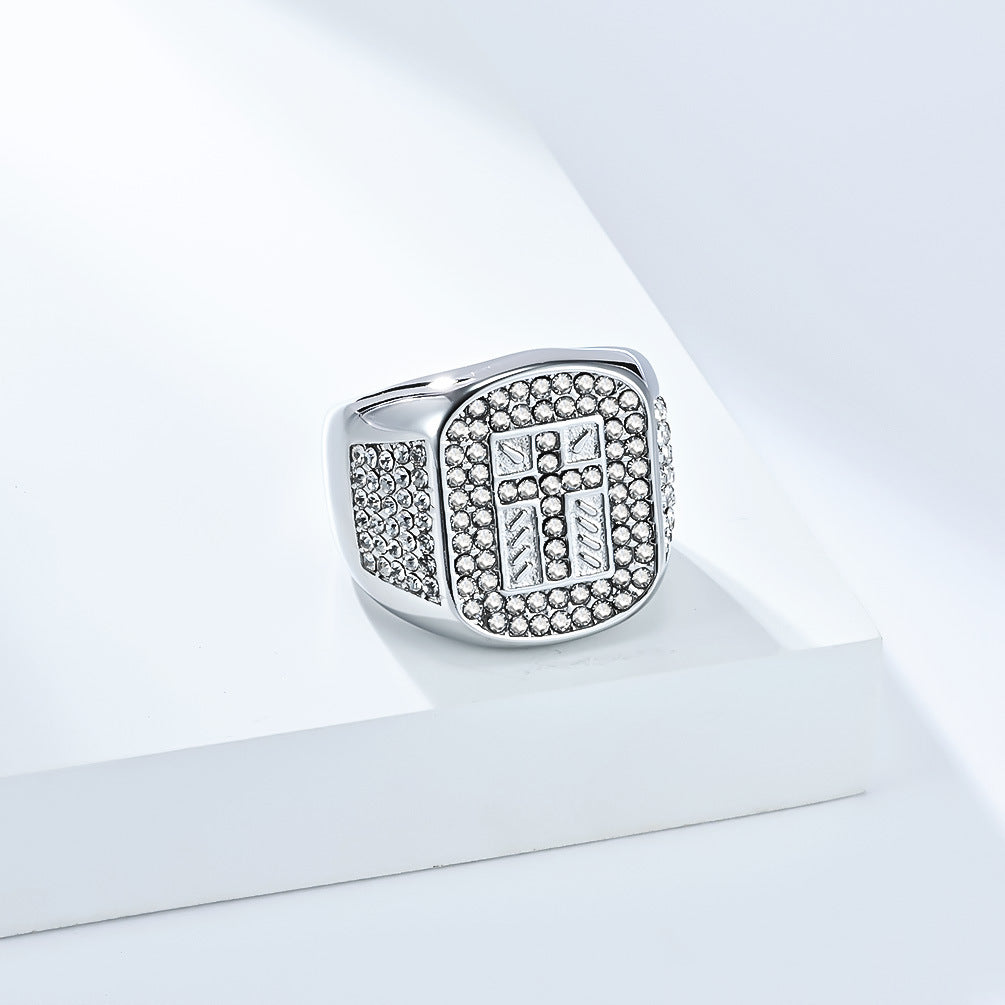 Wholesale Hip-hop titanium steel full diamond cross men's ring