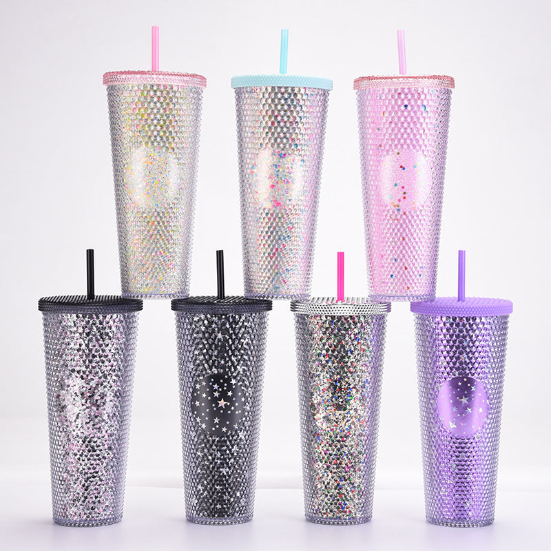 Wholesale Double-layer Plastic 710ml Durian Prick Hand Luminous Color Changing Rainbow Gradient Straw Cup