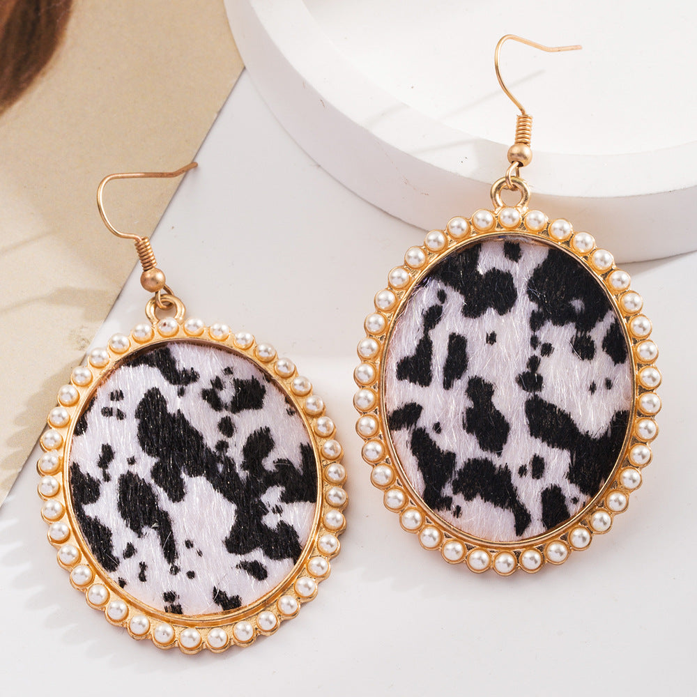 Wholesale Leopard Sequined Leather Vintage Diamond Pearl Earrings