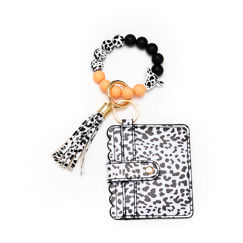 Wholesale Leopard Print Card Holder Silicone Beaded Wrist Keychain