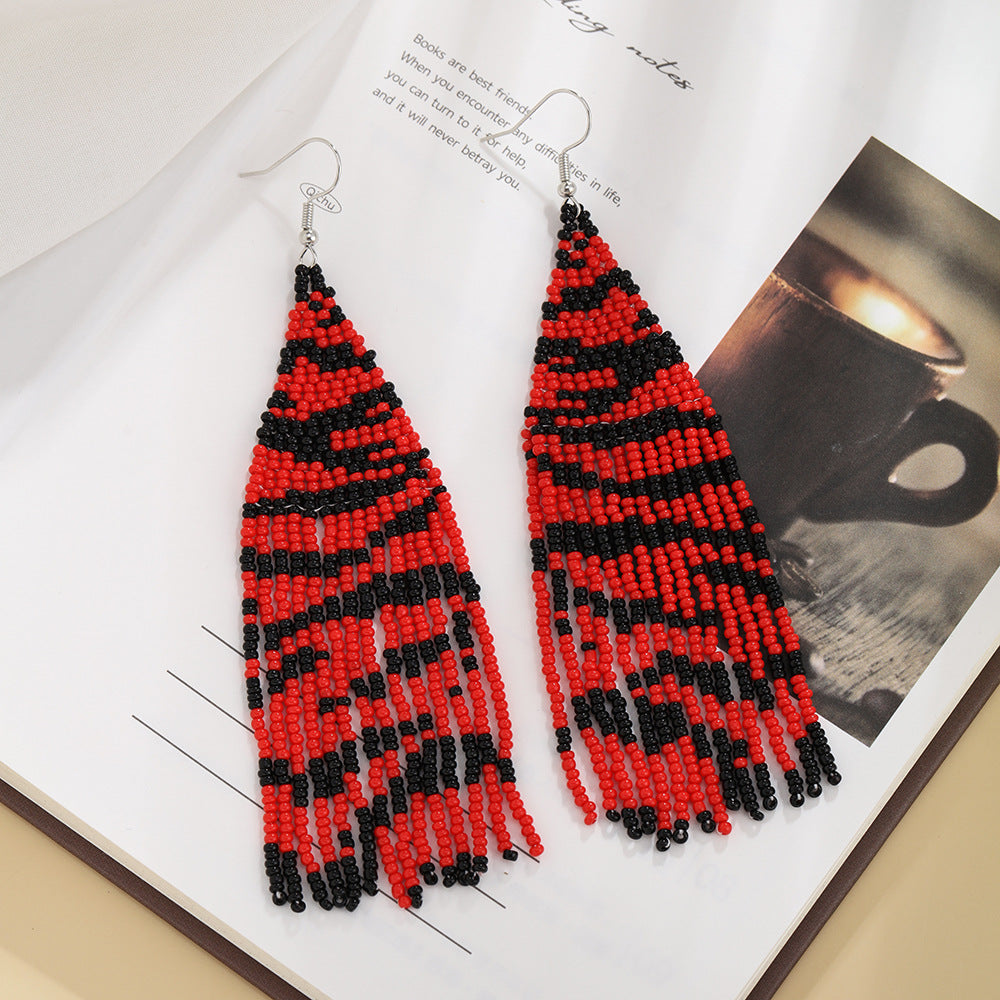 Wholesale Leopard Grain Rice Bead Tassels Hand Woven Earrings