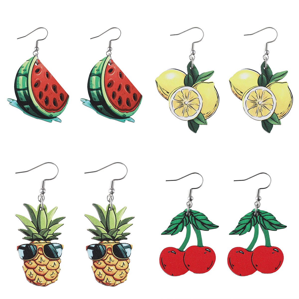 Wholesale Summer Watermelon Lemon Pineapple Cherry Pendant Wooden Double-Sided Earrings