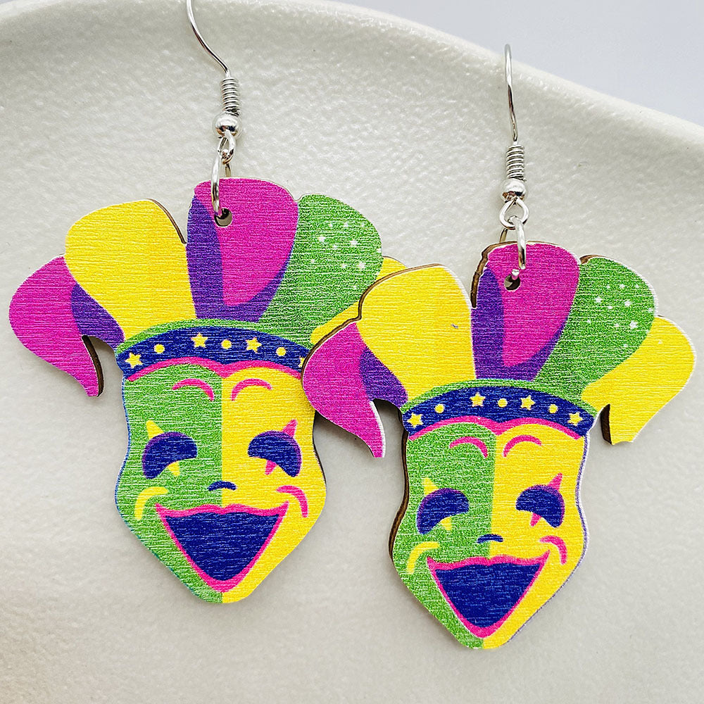 Wholesale Colorful Festival Exaggerated Mask Water Drop Hollow Wooden Earrings