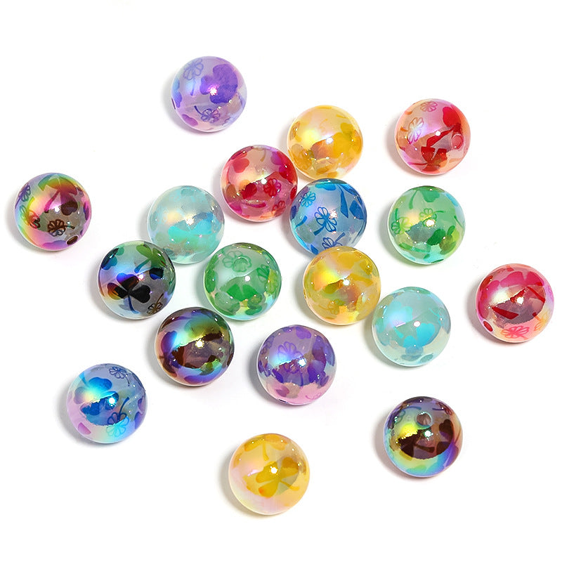 Wholesale 100pcs DIY Four Leaf Clover Magnolia Color Printed Round Acrylic Beads