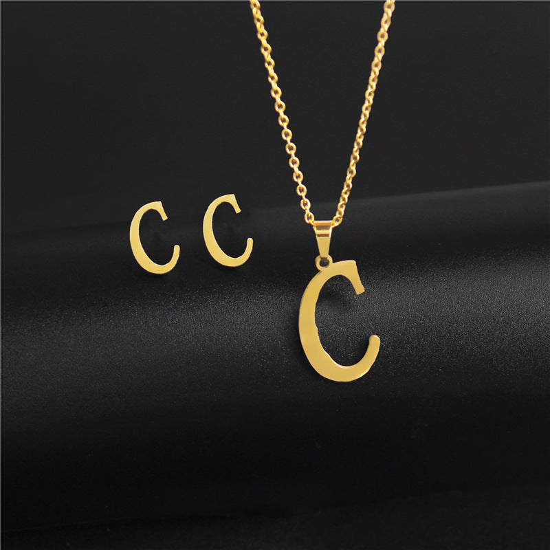 Wholesale Stainless Steel 26 Letter Necklace Earrings Two Piece Set