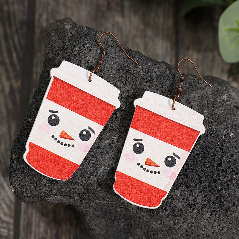 Wholesale Christmas Elk Snowman Coffee Cup Leather Earrings