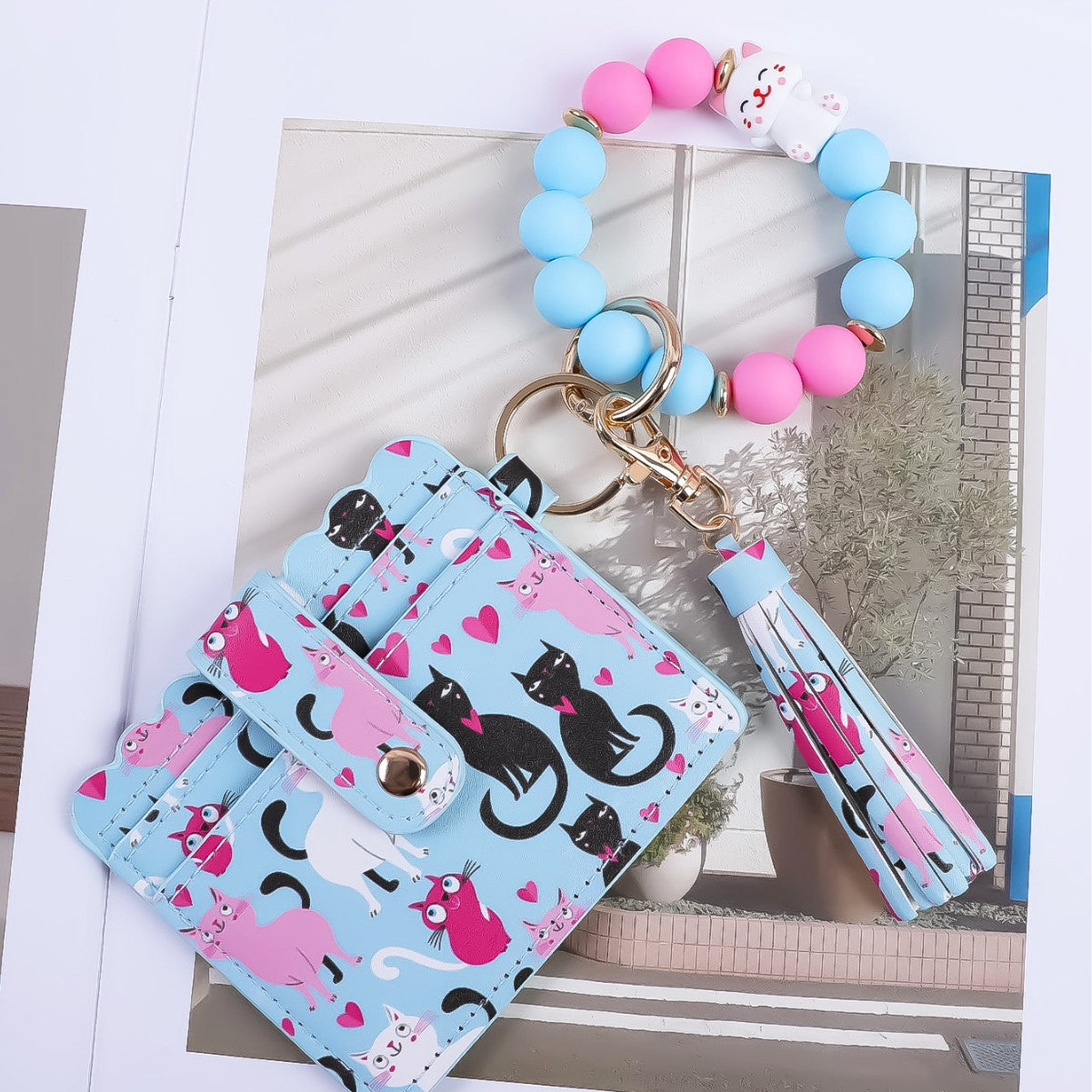 Wholesale Silicone Bead Bracelet Card Holder Keychain PU Tassel Beaded Animal Print