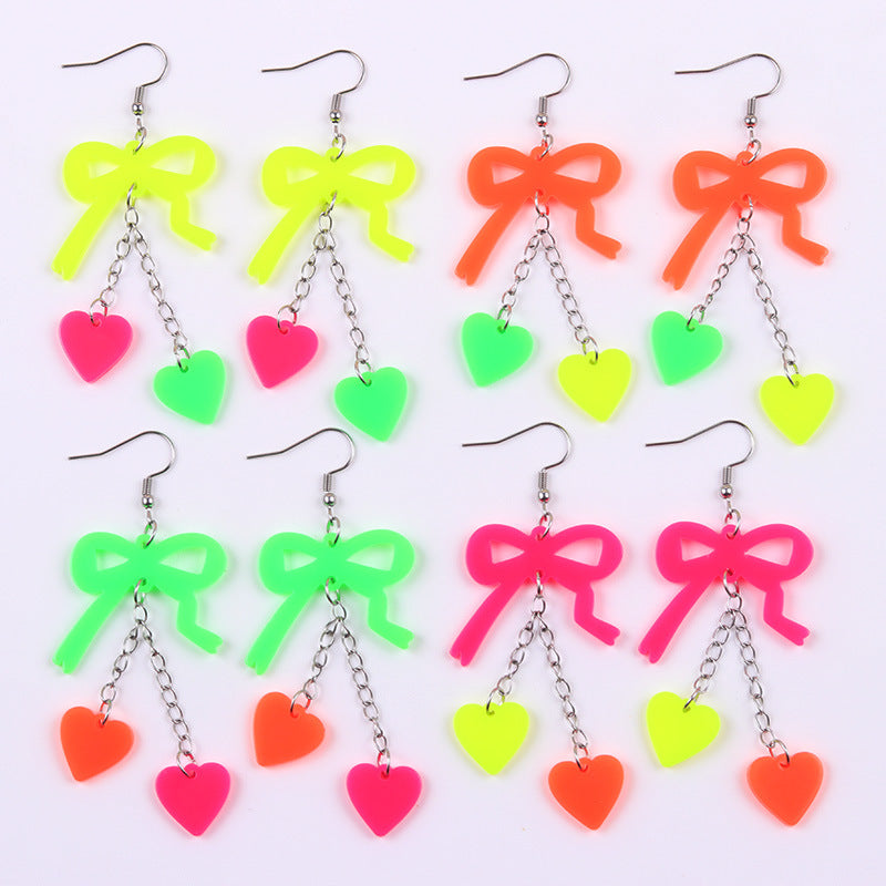 Wholesale Valentine' s Day fluorescent bow heart acrylic earrings