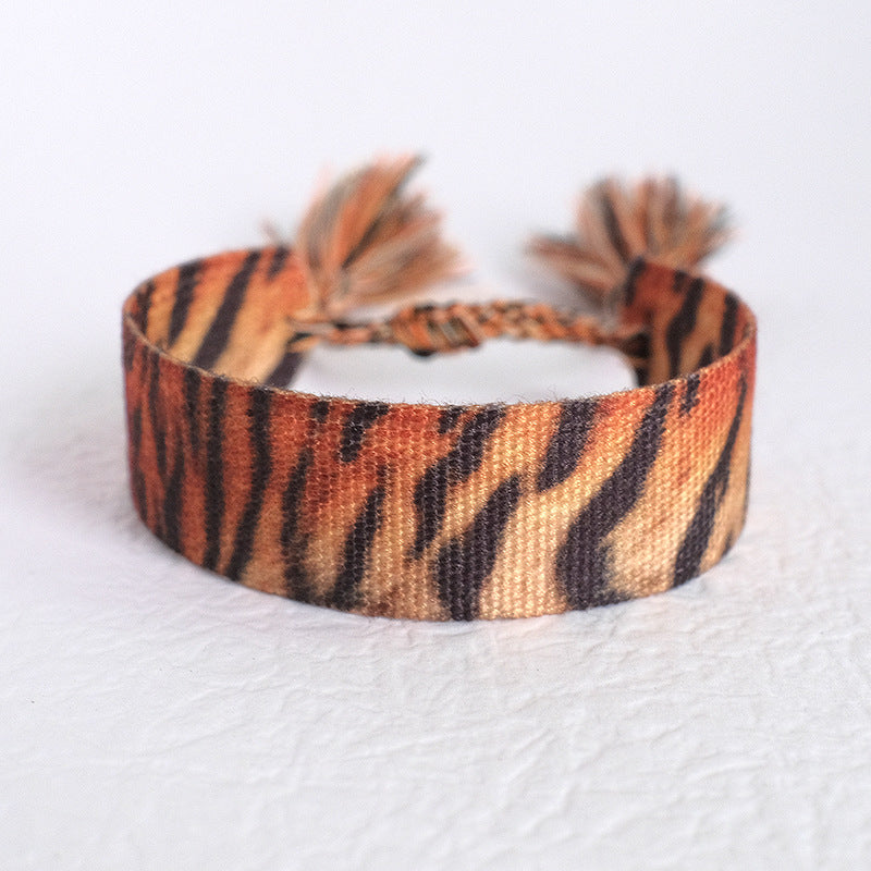 Wholesale Polyester Cord Weaving Leopard Print Love Letter Embroidery Tassel Bracelet