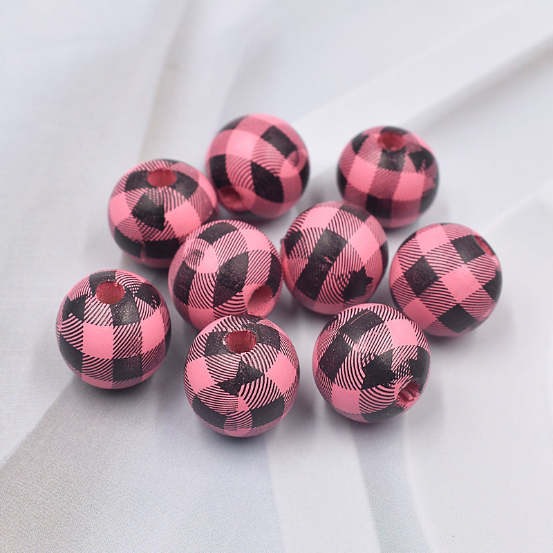 Wholesale 10PCS Houndstooth Wooden Beads DIY Beads Colored Plaid Wooden Beads