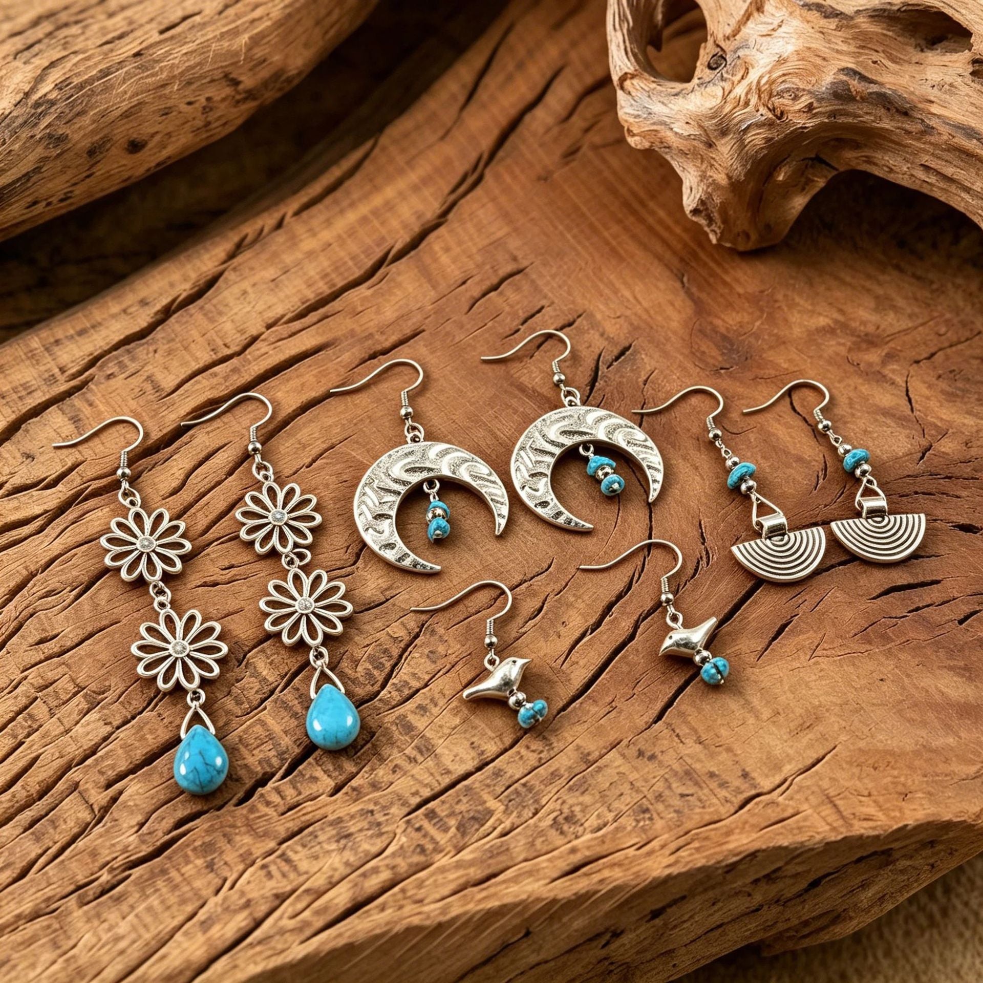 Wholesale Retro Bohemian Moon Drop Earrings For Women Turquoise Inlay Hollow Flower Zinc Alloy Everyday Wear