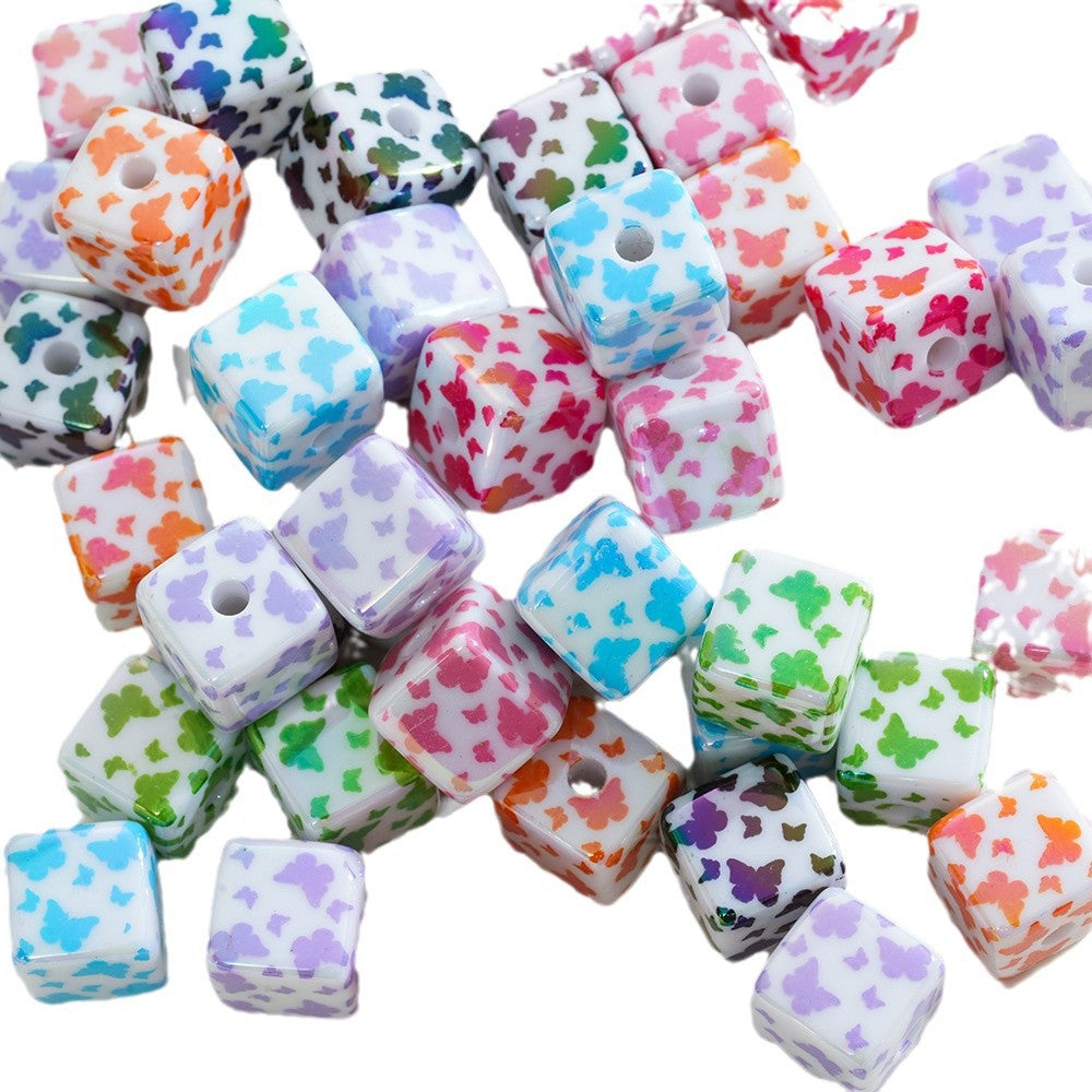 Wholesale 10pcs Acrylic Printing Butterfly UV Square Vertical Hole Beads