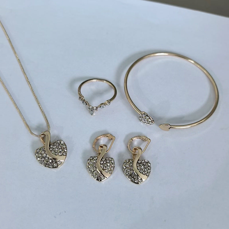 Wholesale Heart-Shaped Clavicle Necklace Earrings Ring Bracelet Jewelry Set