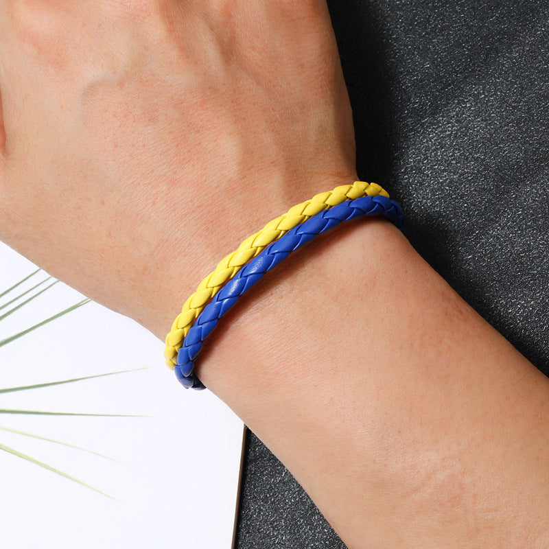 Wholesale Blue Yellow Color Block National Flag Color Woven Leather Bracelet