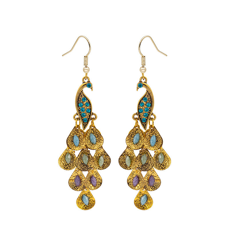 Wholesale Long Fashion Vintage Large Peacock Crystal Earrings
