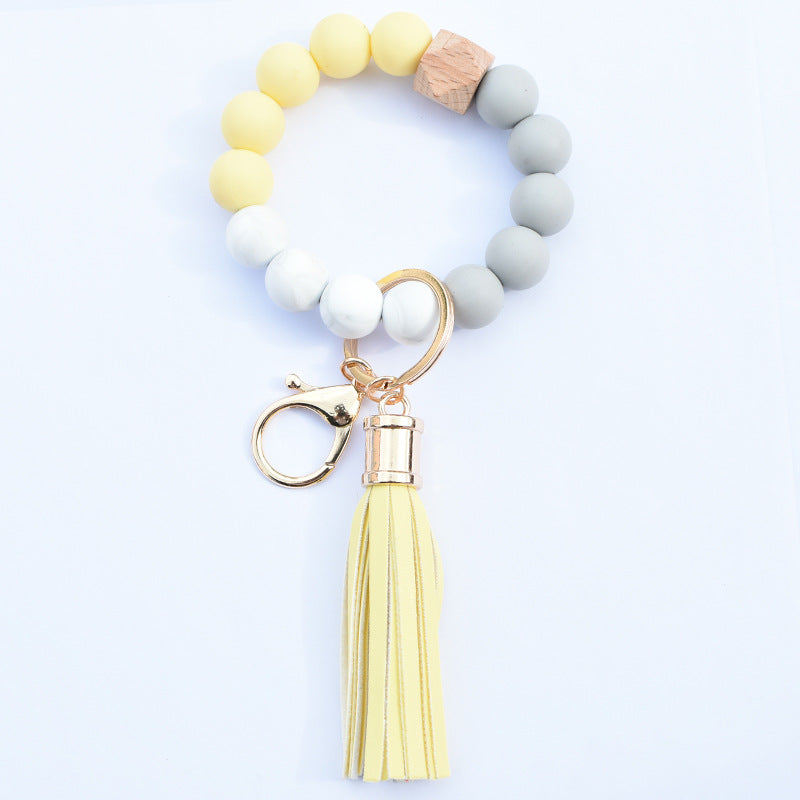 Wholesale Food Grade Silicone Beads Leather Tassel Wood Beads Bracelet Keychain