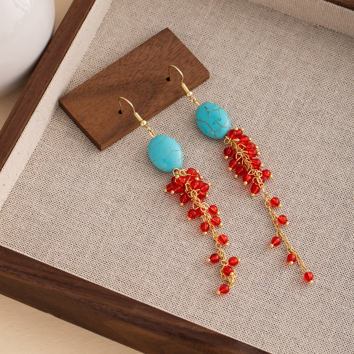 Wholesale New Chinese style long tassel earrings oval turquoise earrings