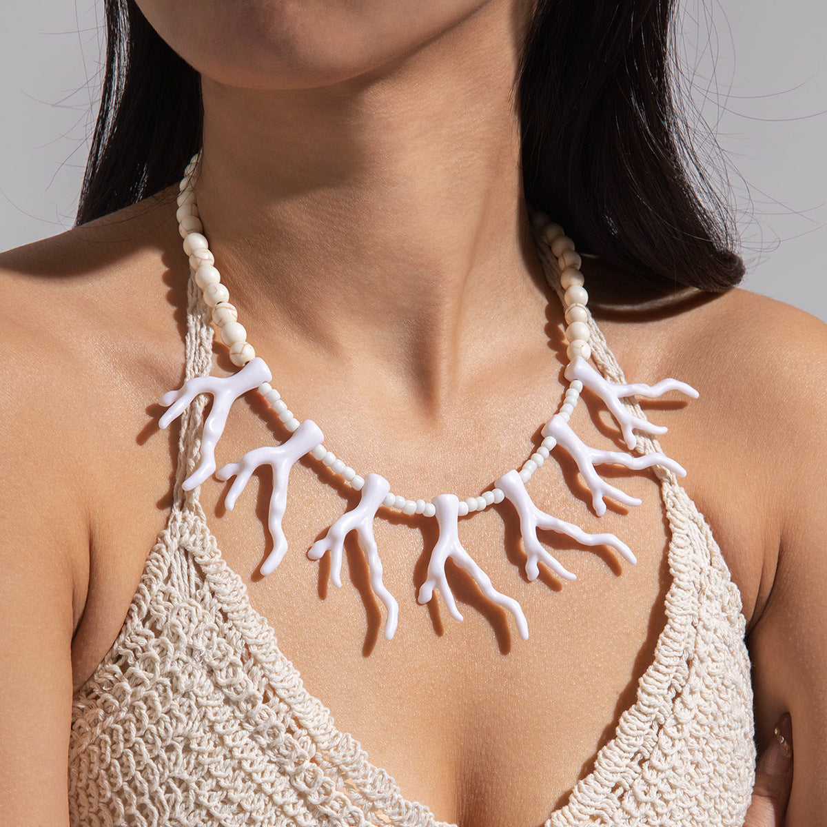 Wholesale Holiday Style Acrylic Coral Shape Bohemian Turquoise Beaded Necklace